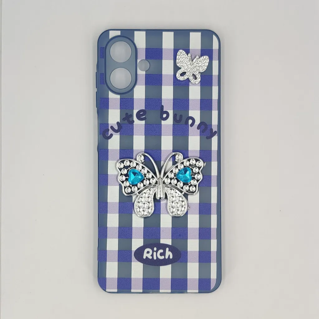 [PO9BSA07-17-3] Samsung Galaxy A07 4G|5G Soft Silicone Fancy Silver Stones Butterflies Mobile Back Case (Blue)