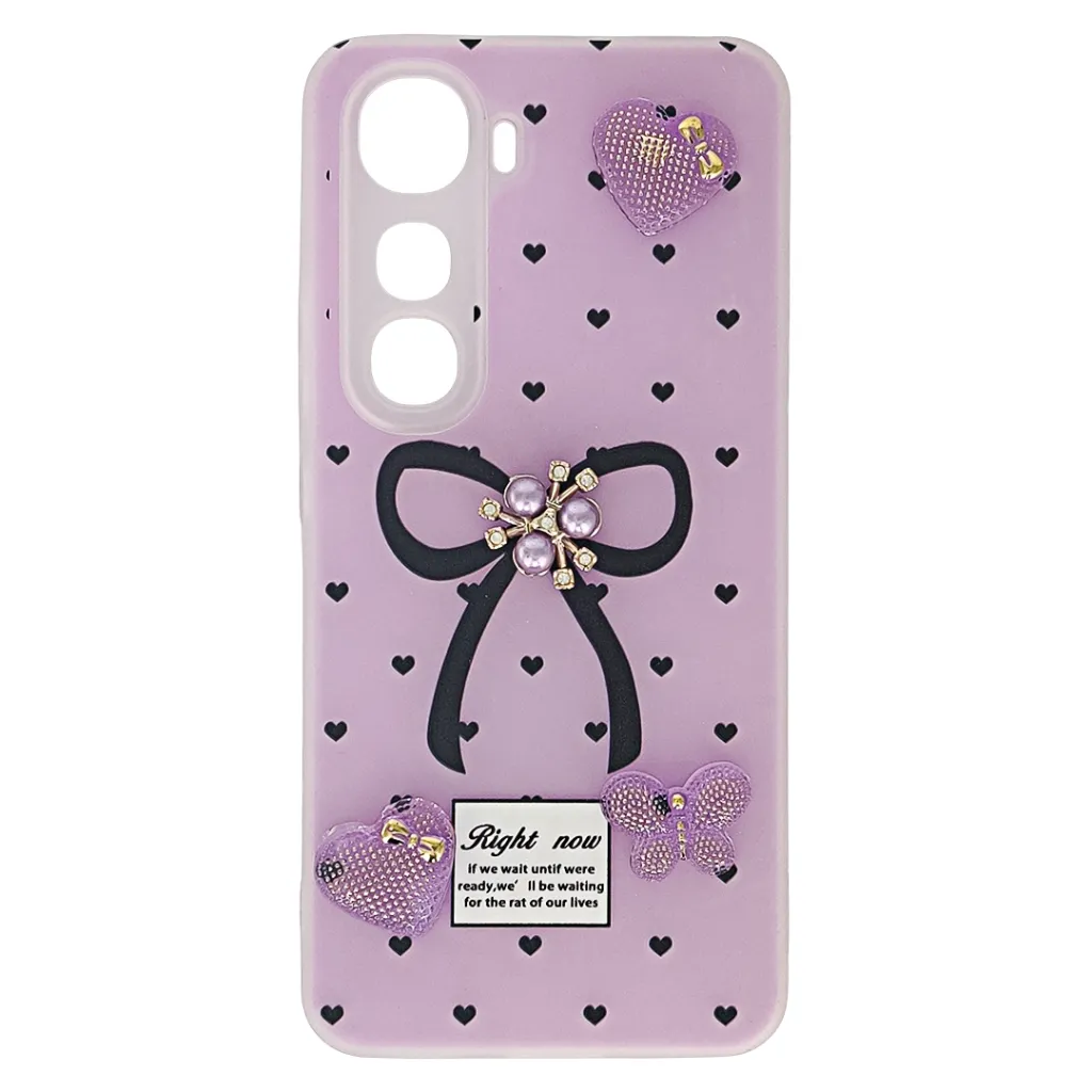Vivo Y400 4G|5G Luxuary Ladies Featuring A Bow,Pearls. and Heart-Shaped rhinestone Back Case (Light Purple)