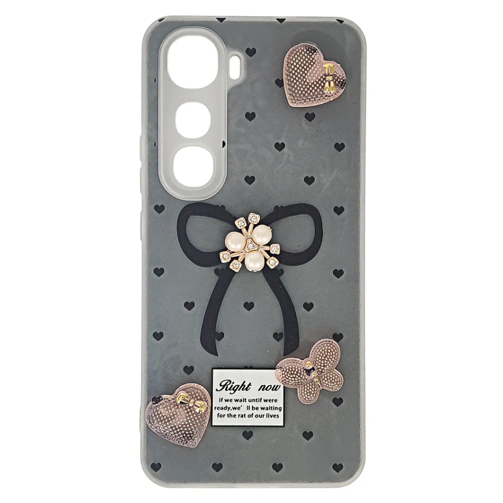 [PO34BVIY400-7-2] Vivo Y400 4G|5G Luxuary Ladies Featuring A Bow,Pearls. and Heart-Shaped rhinestone Back Case (Black)