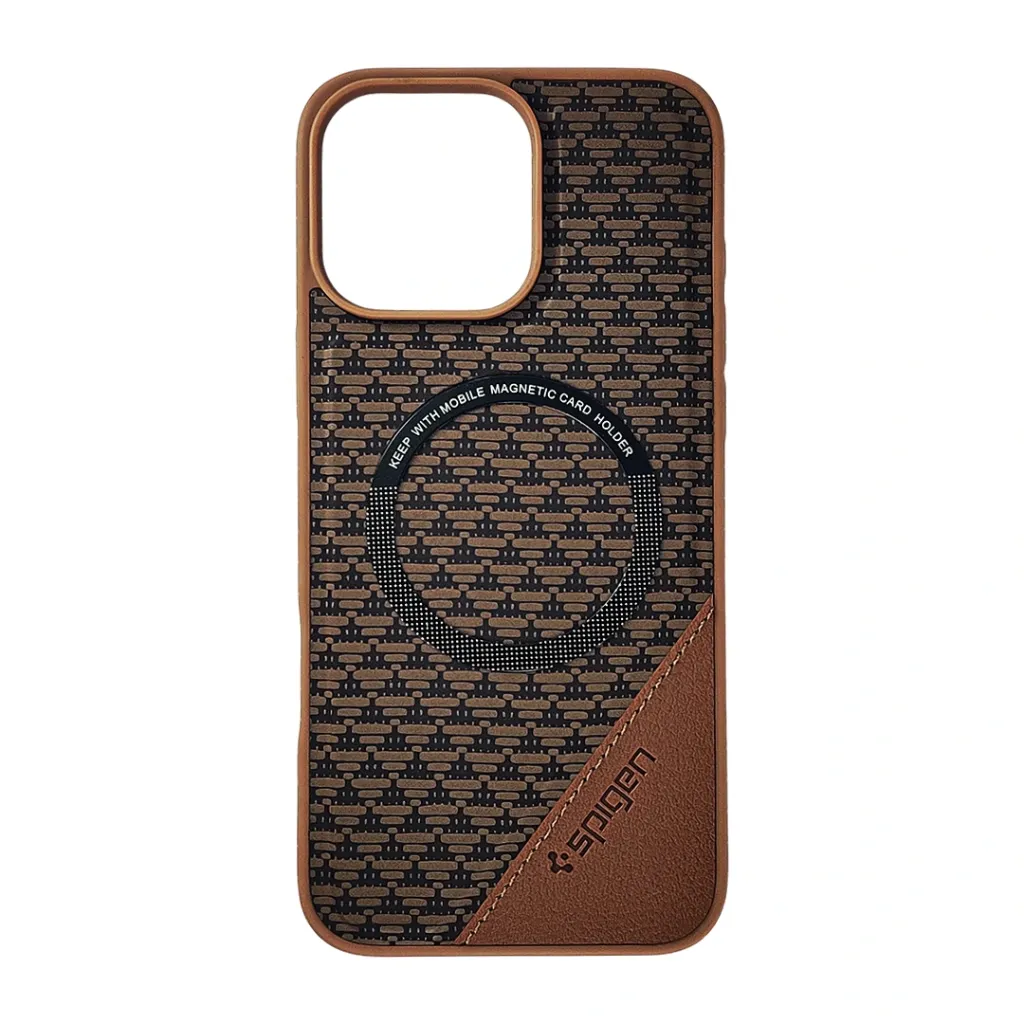iPhone 16 Pro Max (Spigen) Logo With MagSafe Ring Braded PU Leather Texture Mobile Back Case (Brown)