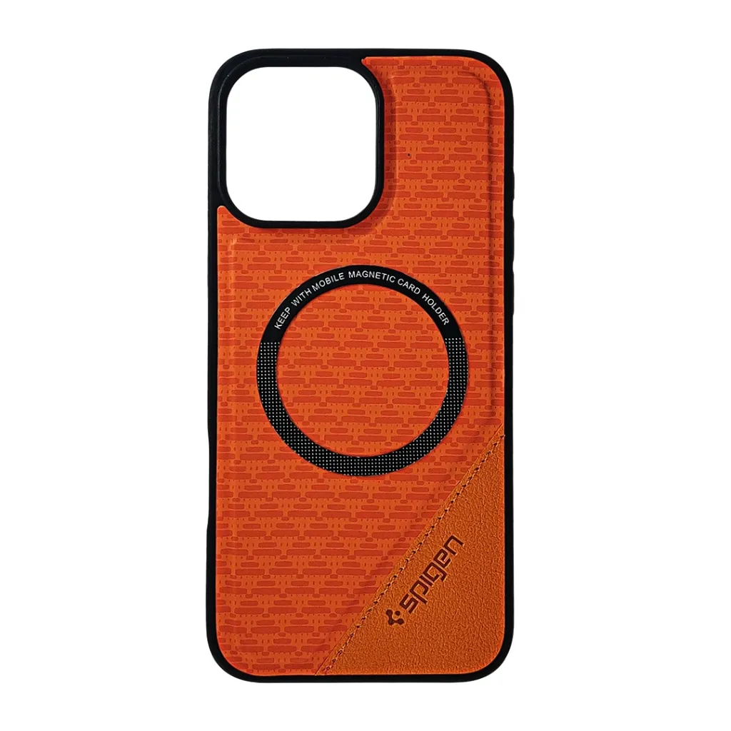 [PO42BIP16PMAX-40-8] iPhone 16 Pro Max (Spigen) Logo With MagSafe Ring Braded PU Leather Texture Mobile Back Case (Orange)