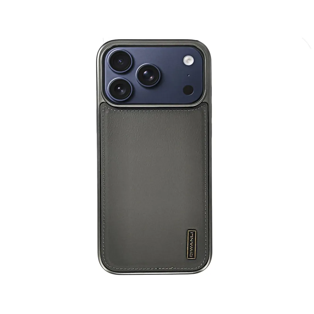 [PO42BIP17PMAX-4-9] iPhone 17 Pro Max Qiwanali Branded Leather featuring a refined metal logo plate With magsafe Wireless Magnetic Charging Compatible Back Case (Gray)