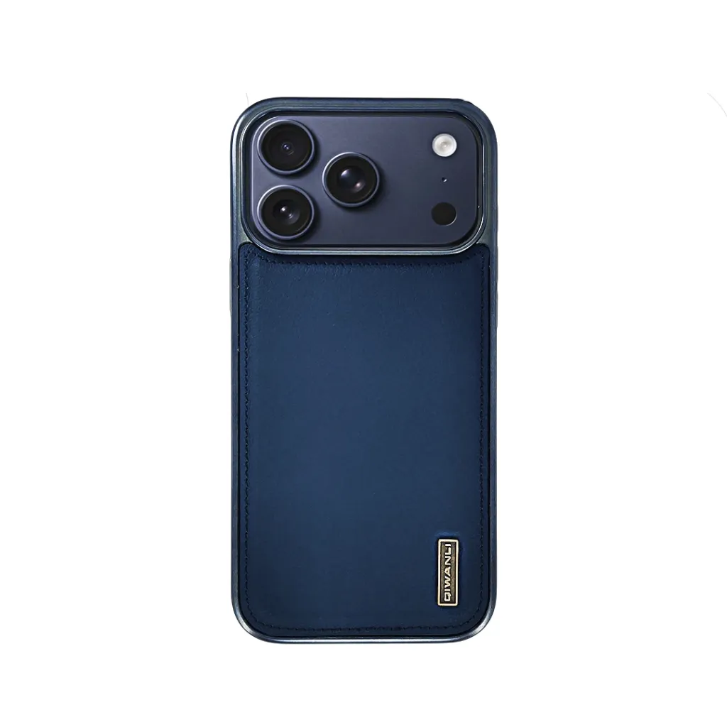 [PO42BIP17PMAX-4-17] iPhone 17 Pro Max Qiwanali Branded Leather featuring a refined metal logo plate With magsafe Wireless Magnetic Charging Compatible Back Case (Navy Blue)
