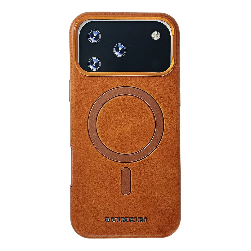 iPhone 17 Pro Max RUIMBEIBI BY RIMBMAX Leather Portable Folding Cell Phone Bracket Stand Magnetic Wireless Charging Back Case (Cosmic Orange)