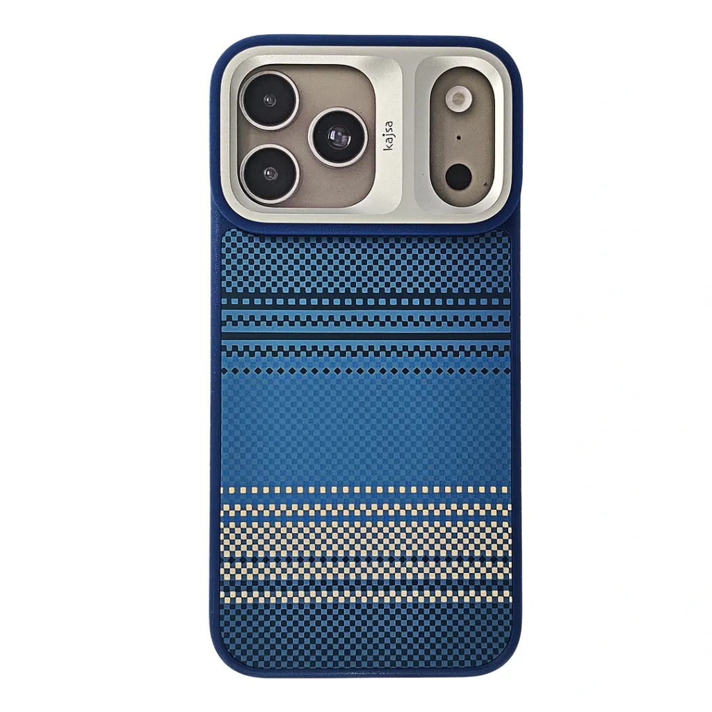 iPhone 17 Pro Max Kajsa Resort Collection Gradient Strip Pittaka Pattern With Magsafe & B Ring Wireless Charging Compatible Back Case (Navy Blue)