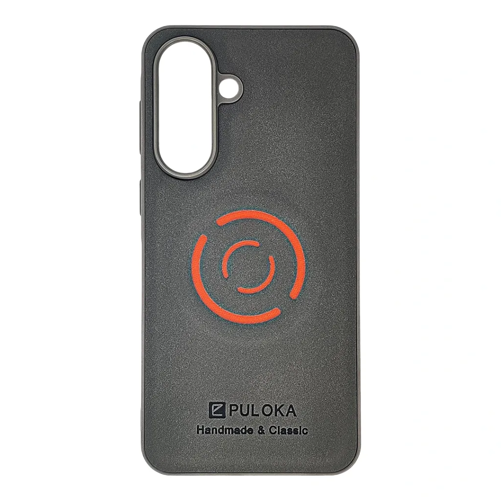 [PO42BSA57-41-9] Samsung Galaxy A57|A37 Handmade & Classic Leather With Wireless Magsafe Compatible Orange Ring Design Back Case (Gray)