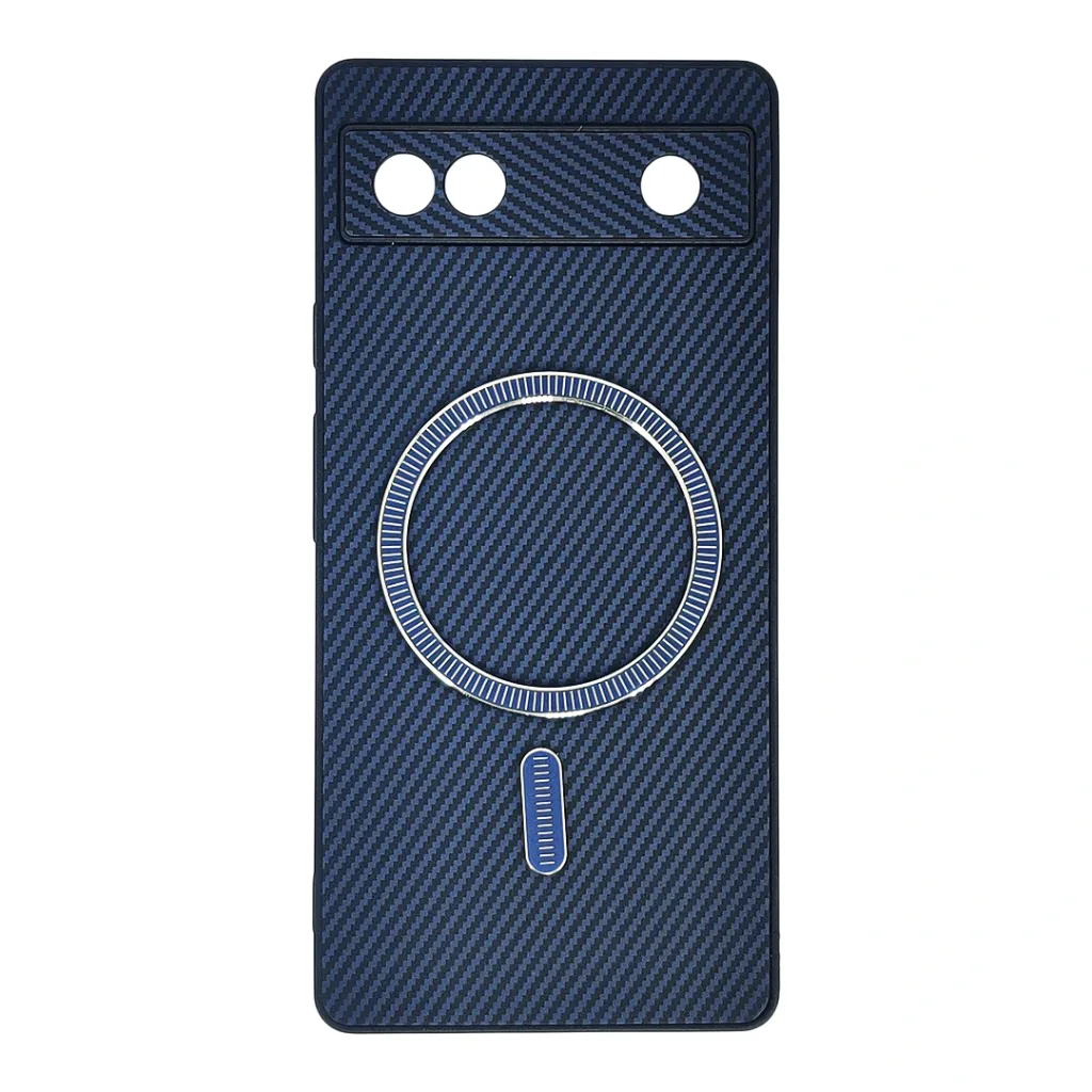 Google Pixel 6A Carbon Fiber With Wireless Magsafe Metal Ring Back Case (Blue)