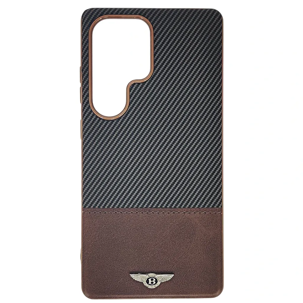 Samsung S25 Ultra Bentley branded Carbon fiber pattern texture Back Case (Brown)