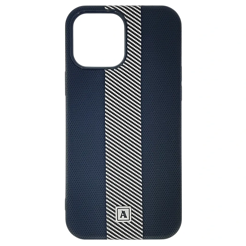 [PO42BIP13PMAX-4-2] iPhone 13 Pro Max Classic Fit Carbon Fiber Texture Featuring a Central diagonal Stripe Luxuary Leather Feel Back Case (Black)
