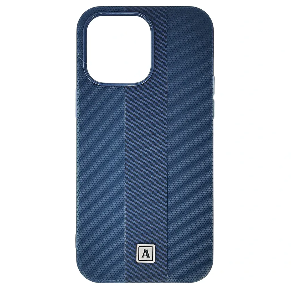 [PO42BIP13PMAX-4-17] iPhone 13 Pro Max Classic Fit Carbon Fiber Texture Featuring a Central diagonal Stripe Luxuary Leather Feel Back Case (Navy Blue)