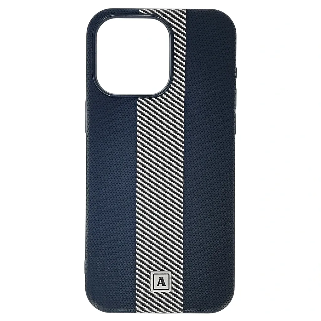 [PO42BIP15PMAX-4-2] iPhone 15 Pro Max Classic Fit Carbon Fiber Texture Featuring a Central diagonal Stripe Luxuary Leather Feel Back Case (Black)