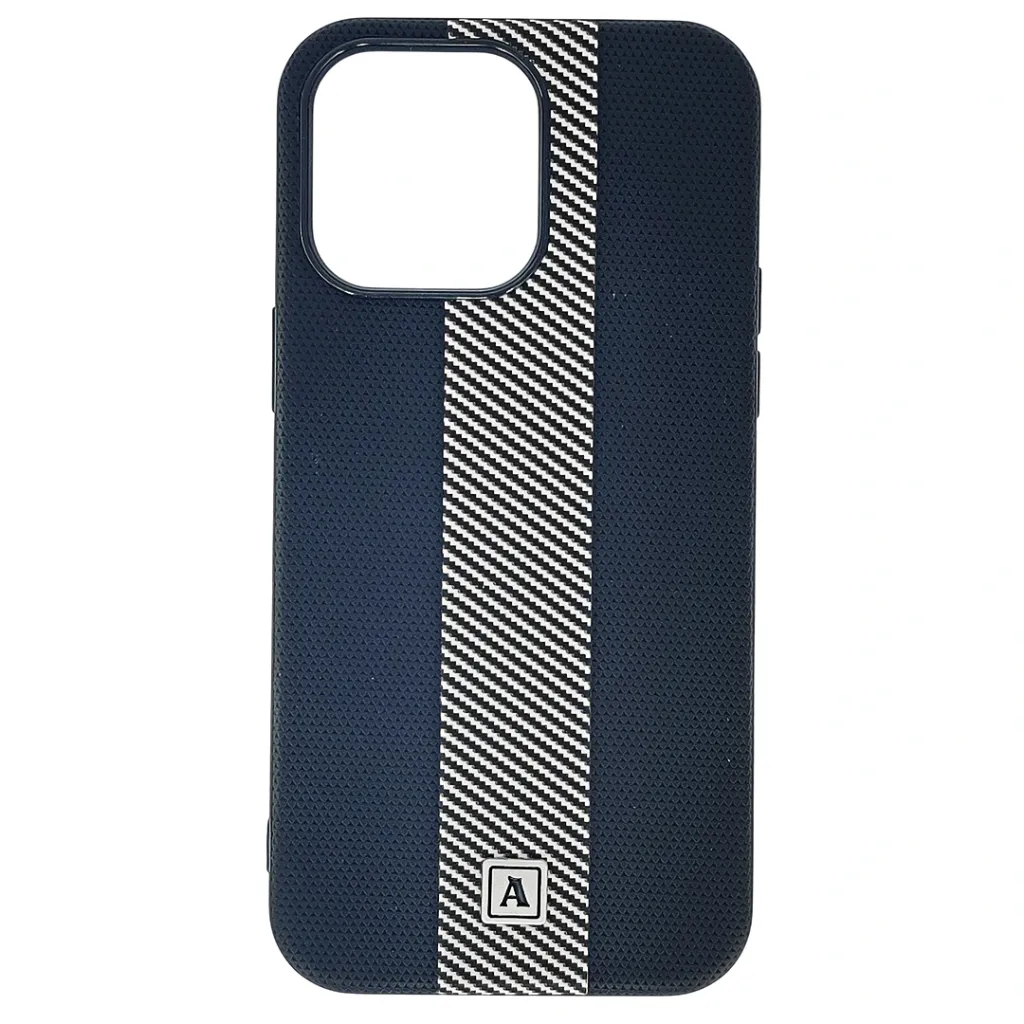 [PO42BIP14PMAX-4-2] iPhone 14 Pro Max Classic Fit Carbon Fiber Texture Featuring a Central diagonal Stripe Luxuary Leather Feel Back Case (Black)