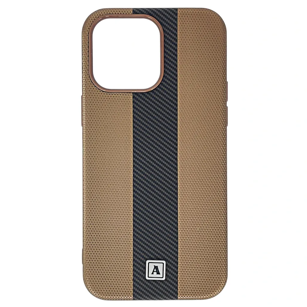 iPhone 14 Pro Max Classic Fit Carbon Fiber Texture Featuring a Central diagonal Stripe Luxuary Leather Feel Back Case (Desert Titanium)