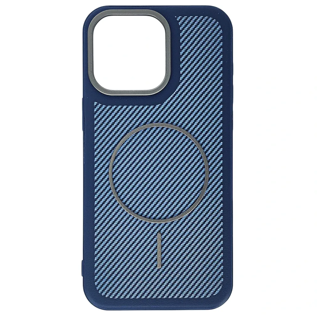 [PO42BIP15PMX-5-17] iPhone 15 Pro Max features a distinct leather-like Woven texture and integrated Magsafe Charging compatibility Back Case (Navy Blue)