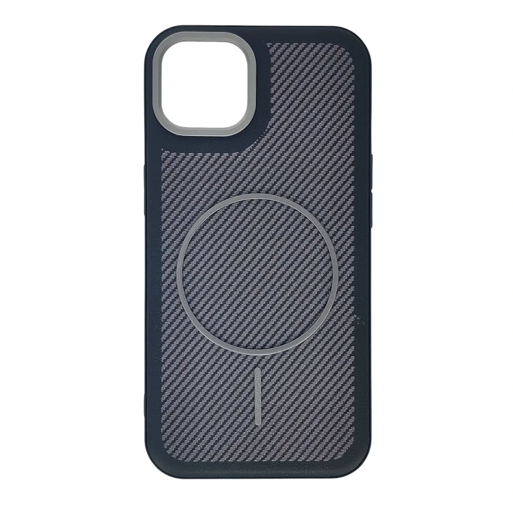 [PO42BIP13-5-2] iPhone 13|iPhone 14 features a distinct leather-like Woven texture and integrated Magsafe Charging compatibility Back Case (Black)