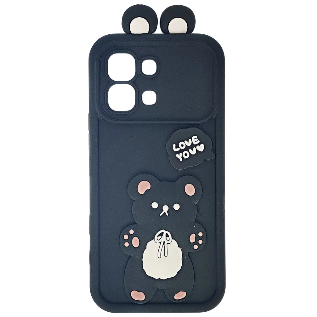 [PO51BINOT60EDG-25-2] Infinix Note 60 Edge 5G 3D Ladies Cute Features Cartoon Bear Character and Camera Protection the design include a small speech bubble text to the character Shockproof and Soft Silicone Back Case (Black)