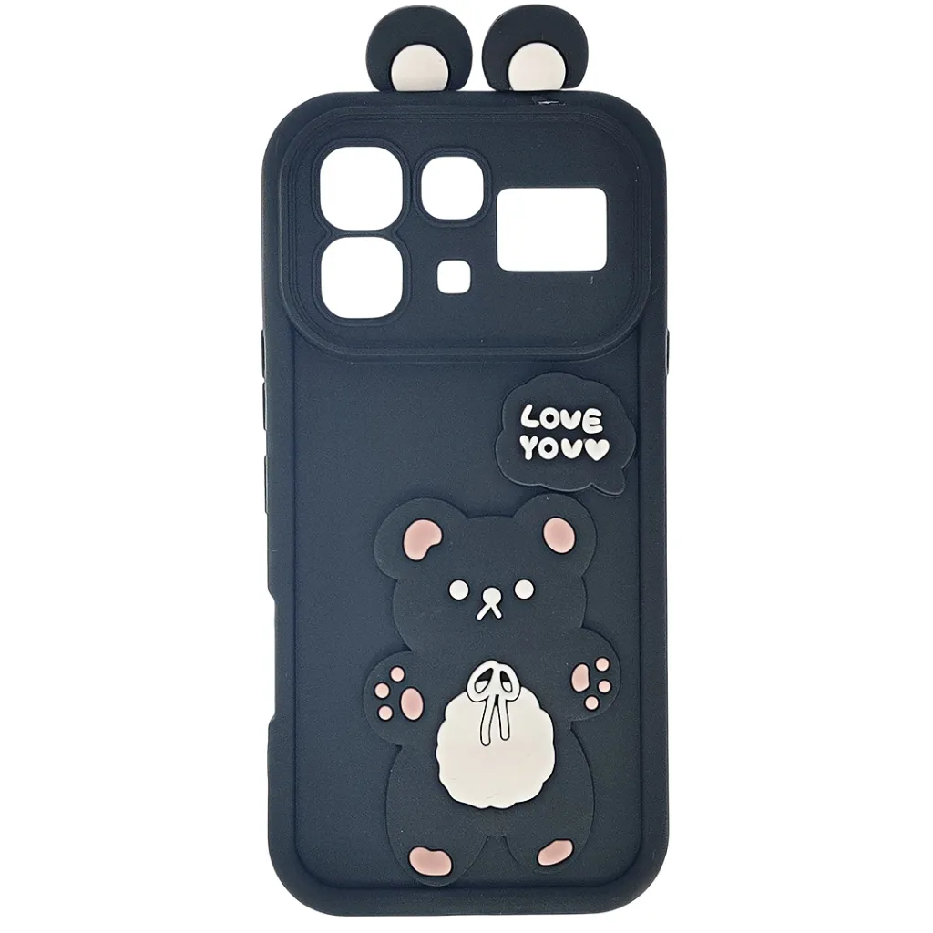 [PO51BINOT60PR-25-2] Infinix Note 60|Note 60 Pro 3D Ladies Cute Features Cartoon Bear Character and Camera Protection the design include a small speech bubble text to the character Shockproof and Soft Silicone Back Case (Black)