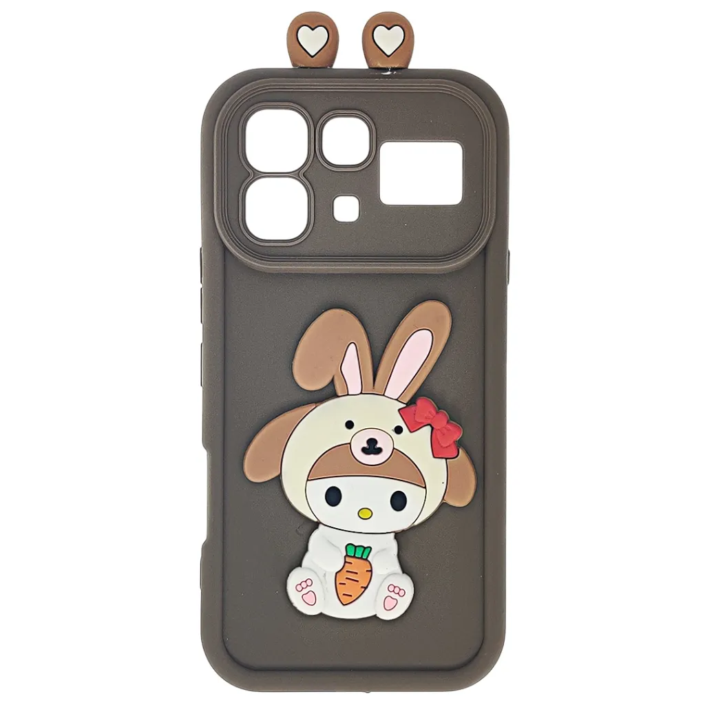 [PO51BINOT60PR-25-34] Infinix Note 60|Note 60 Pro 3D Ladies Cute Features Cartoon Bear Character and Camera Protection the design include a small speech bubble text to the character Shockproof and Soft Silicone Back Case (Dark Brown)