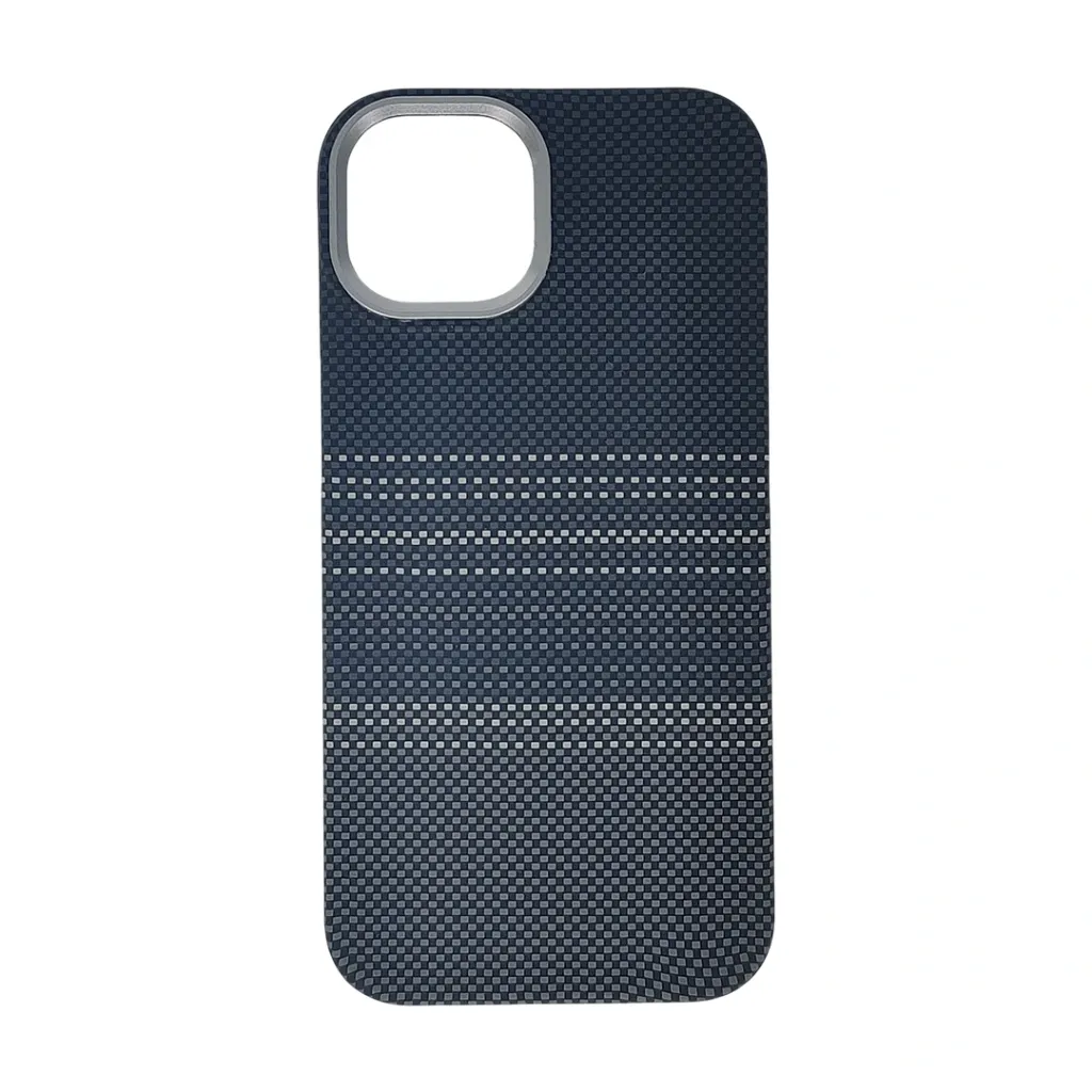 [PO58BIP13-8-9] iPhone 13|14|15 Carbon Fiber Tactile Woven Armid Fiber Pattern distinic geometric iC Magsafe Compatible and includes a built-in Camera bazel for lens Protection Back Case (Gray)