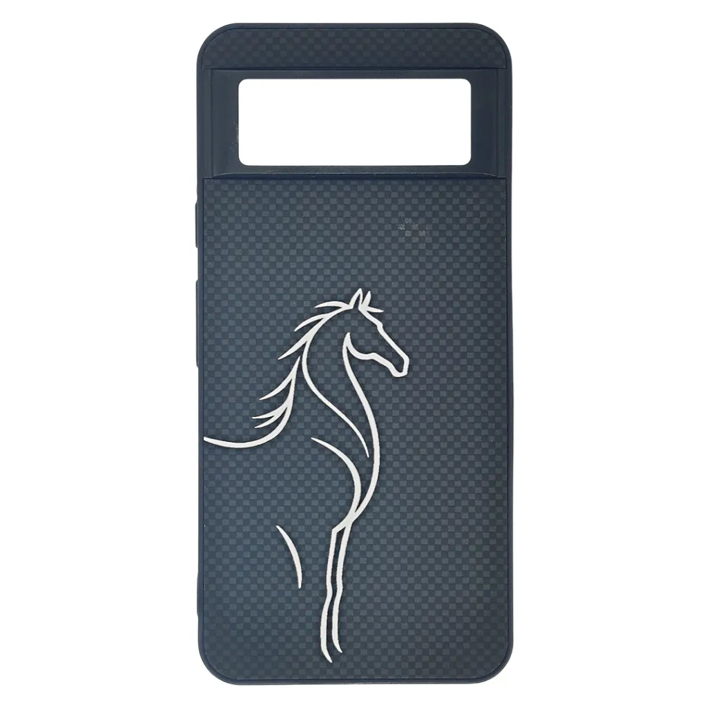 Google Pixel 8 5G 3D Carbon-Fiber Textured with a White liner Horse Logo design and a rectangular Camera cutout .Premium Luxuary Back Case (Black)