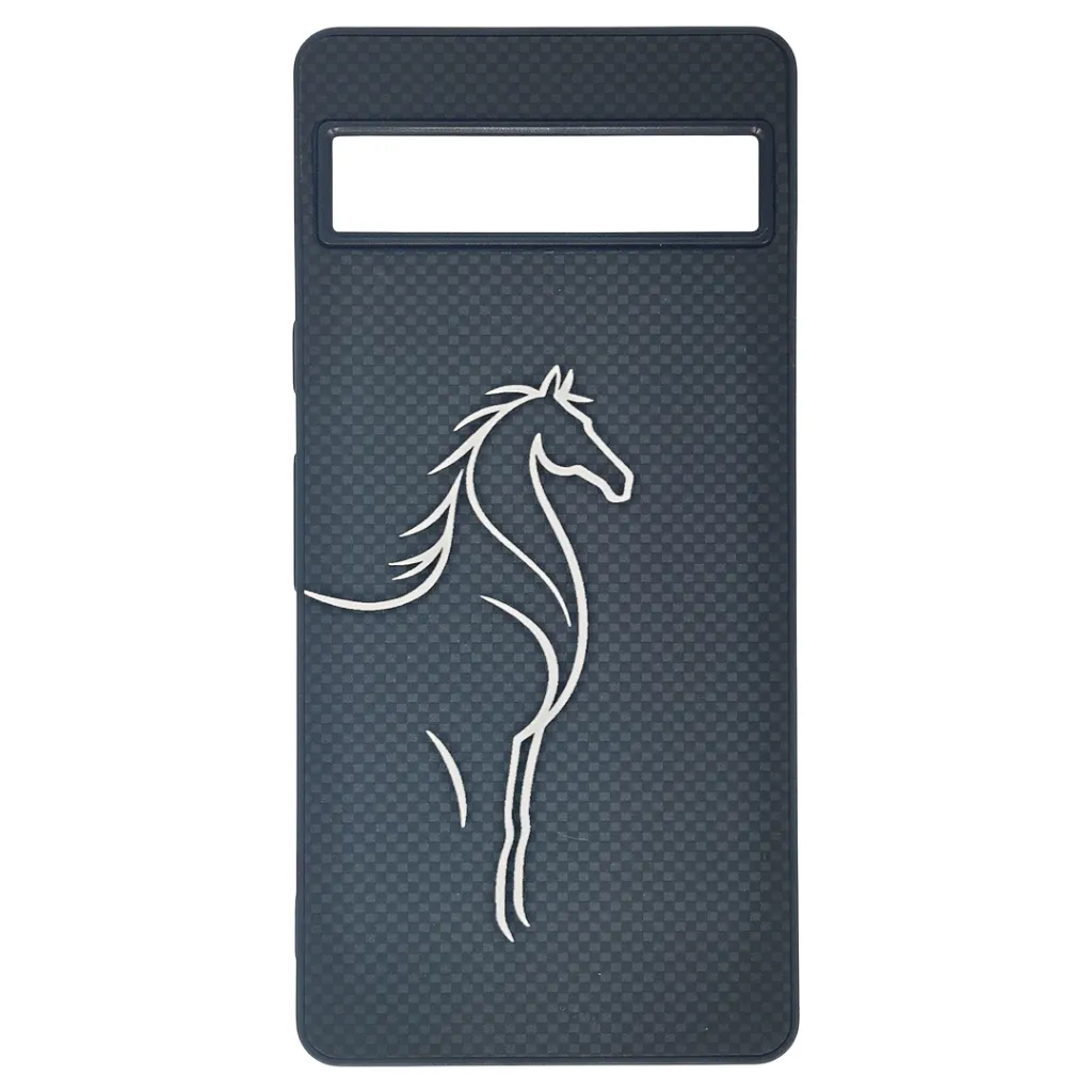 [PO4BGPXL7A-25-2] Google Pixel 7A 3D Carbon-Fiber Textured with a White liner Horse Logo design and a rectangular Camera cutout .Premium Luxuary Back Case (Black)