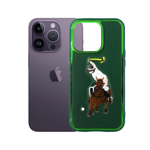 [PO43BIP14PR-3-11] Iphone 14 Pro Polo Brand Leather Side Metal Ring Back Case (Green)