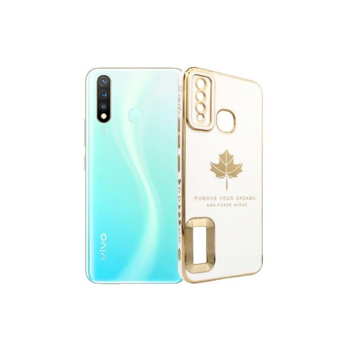 [PO29BVIY19-6-1] Vivo Y19 Leaf Gold Chrome Logo Ring Back Case (White)