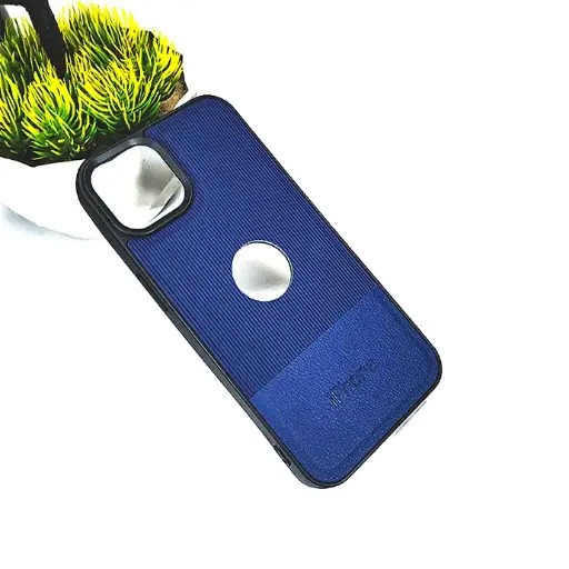 [PO32BIP14PMAX-13-17] iPhone 14 Pro Max Lining Texture Leather Logo Back Case (Navy Blue)