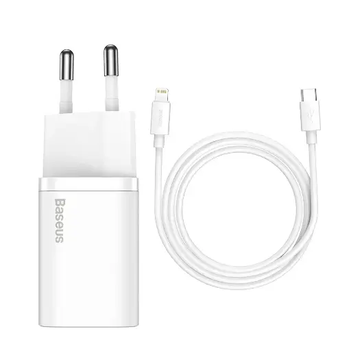 Baseus Super Si Quick Charger 1C 20W CN Sets | White (With Fast Charging Data Cable Type-C to iPhone PD 20W 1m White）