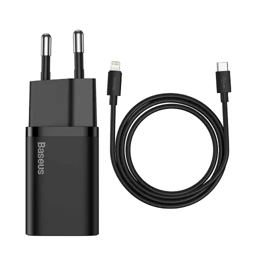 Baseus Super Si Quick Charger 1C 20W CN Sets | Black (With  Fast Charging Data Cable Type-C to iPhone PD 20W 1m | Black）