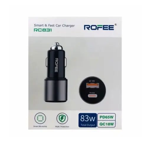 Rofee Smart & Fast Dual Pord USB-A 18W & USB-C 65W Car Charger RC-831 Black 