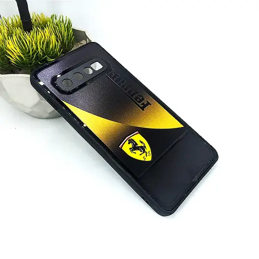 [PO26BSS10-20-6] Samsung Galaxy S10 Glossy Shine 3D Printed Car Brand Logo Back Case (Yellow)