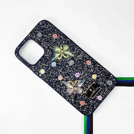[PO9BIP15PMAX-13-17] iPhone 15 Pro Max Swarovski Glam Crystal Butterfly Back Case (Navy Blue)