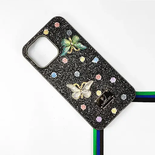 [PO9BIP14PMAX-13-36] iPhone 14 Pro Max Swarovski Glam Crystal Butterfly Back Case (Natural Titanium)