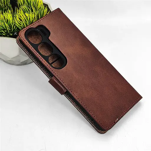 [PO42FBVIY200-4-34] Vivo Y200 4G|V40 Lite|Y300 5G NMT Premium Luxuary Leather Book Case (Dark Brown)