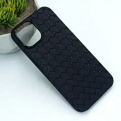 [PO14BIP14-52-2] iPhone 14|iPhone 15|iPhone 13 Woven With Leather Feel Soft Silicone Back Case (Black) 