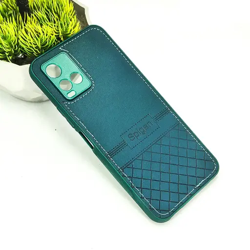 [PO54BVIY33S-3-11] Vivo Y21/Y21T/Y33S/Y33T Luxury Spigen Logo Leather Back Case (Green)