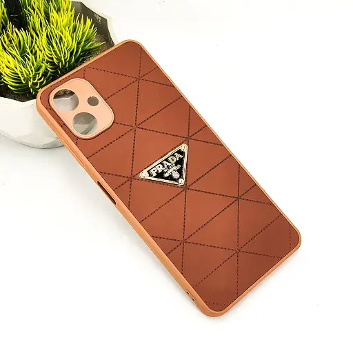[PO55BSA06-9-34] Samsung Galaxy A06 PRADA Logo Leather Texture Mobile Back Case (Dark Brown)