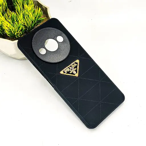[PO55BMIA3-9-2] Redmi A3|A3X PRADA Logo Leather Texture Mobile Back Case (Black)