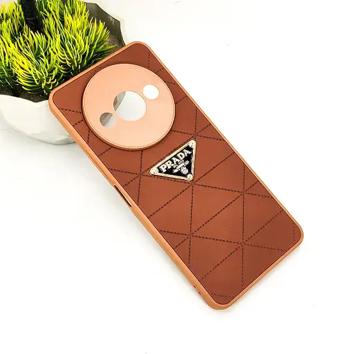 [PO55BMIA3-9-34] Redmi A3|A3X PRADA Logo Leather Texture Mobile Back Case (Dark Brown)
