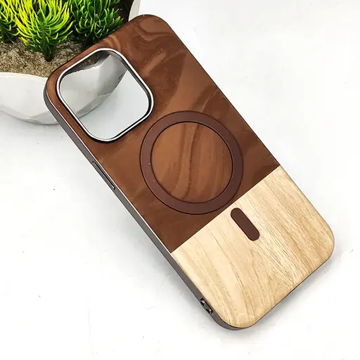 [PO48BIP15PMAX-1-13] iPhone 15 Pro Max Bewood Wood Magsafe Magnetic Back Case (Brown)