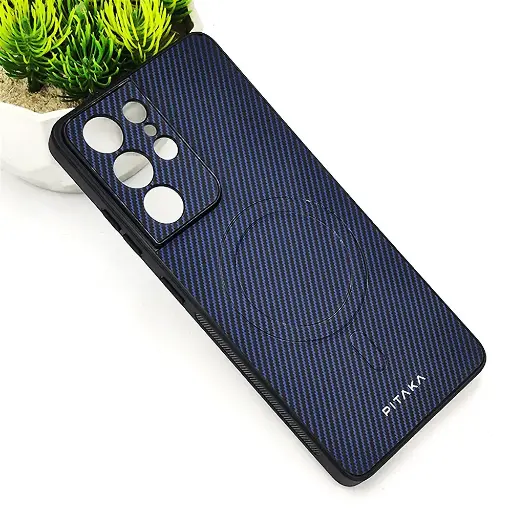 [PO4BSS21U-13-17] Samsung Galaxy S21 Ultra PITAKA Carbon Fiber With Wireless Magsafe Back Case (Navy Blue)
