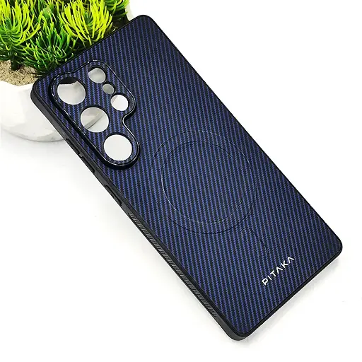 [PO4BSS23U-13-17] Samsung Galaxy S23 Ultra PITAKA Carbon Fiber With Wireless Magsafe Back Case (Navy Blue)