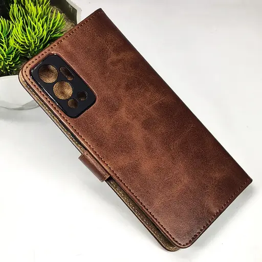 [PO42FBIHOT12-4-34] Infinix Hot 12 NMT Premium Luxuary Leather Book Case (Dark Brown)