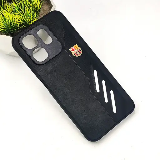 [PO42BIHOT50i-12-2] Infinix HOT 50i|Smart 9|Smart 9 HD FCB Crest Logo With Three Diagonal Stripe With Leather Texture Mobile Back Case (Black)