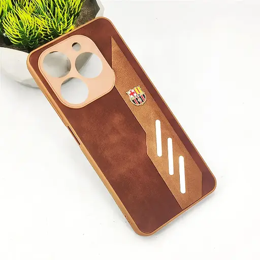 [PO42BTSPRK20C-12-13] Infinix Hot 40i|Smart 8|Smart 8 Pro |Tecno Pop 8|Spark 20C|Spark 20 FCB Crest Logo With Three Diagonal Stripe With Leather Texture Mobile Back Case (Brown)