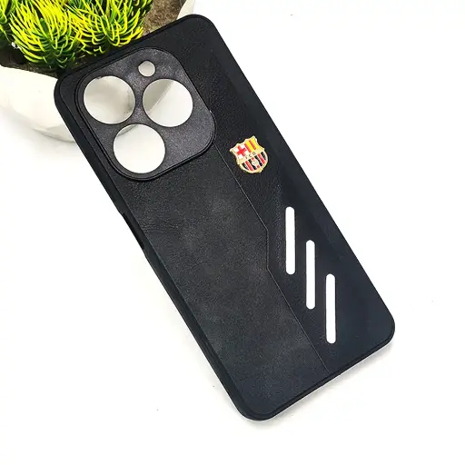 [PO42BTSPRK20C-12-2] Infinix Hot 40i|Smart 8|Smart 8 Pro |Tecno Pop 8|Spark 20C|Spark 20 FCB Crest Logo With Three Diagonal Stripe With Leather Texture Mobile Back Case (Black)
