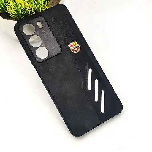 [PO42BORELMEC75-12-2] Oppo Realme C75 4G|Realme 14x|Realme V60 Pro FCB Crest Logo With Three Diagonal Stripe With Leather Texture Mobile Back Case (Black) 