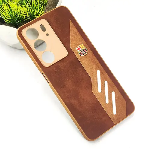 [PO42BORELMEC75-12-13] Oppo Realme C75 4G|Realme 14x|Realme V60 Pro FCB Crest Logo With Three Diagonal Stripe With Leather Texture Mobile Back Case (Brown)