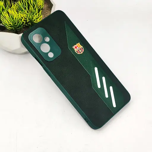 [PO42B1PL9-12-11] OnePlus 9 4G FCB Crest Logo With Three Diagonal Stripe With Leather Texture Mobile Back Case (Green)